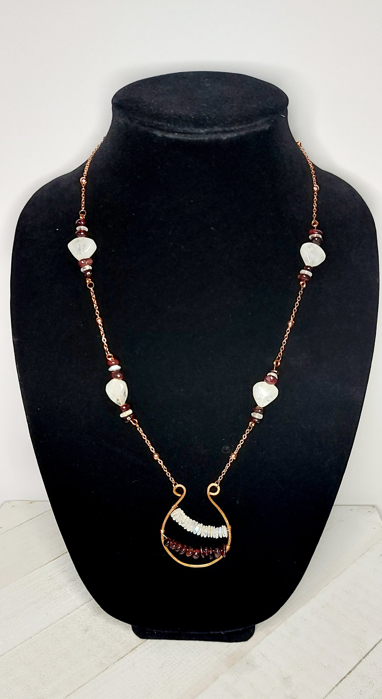 Rainbow Moonstone and Garnet Copper Necklace