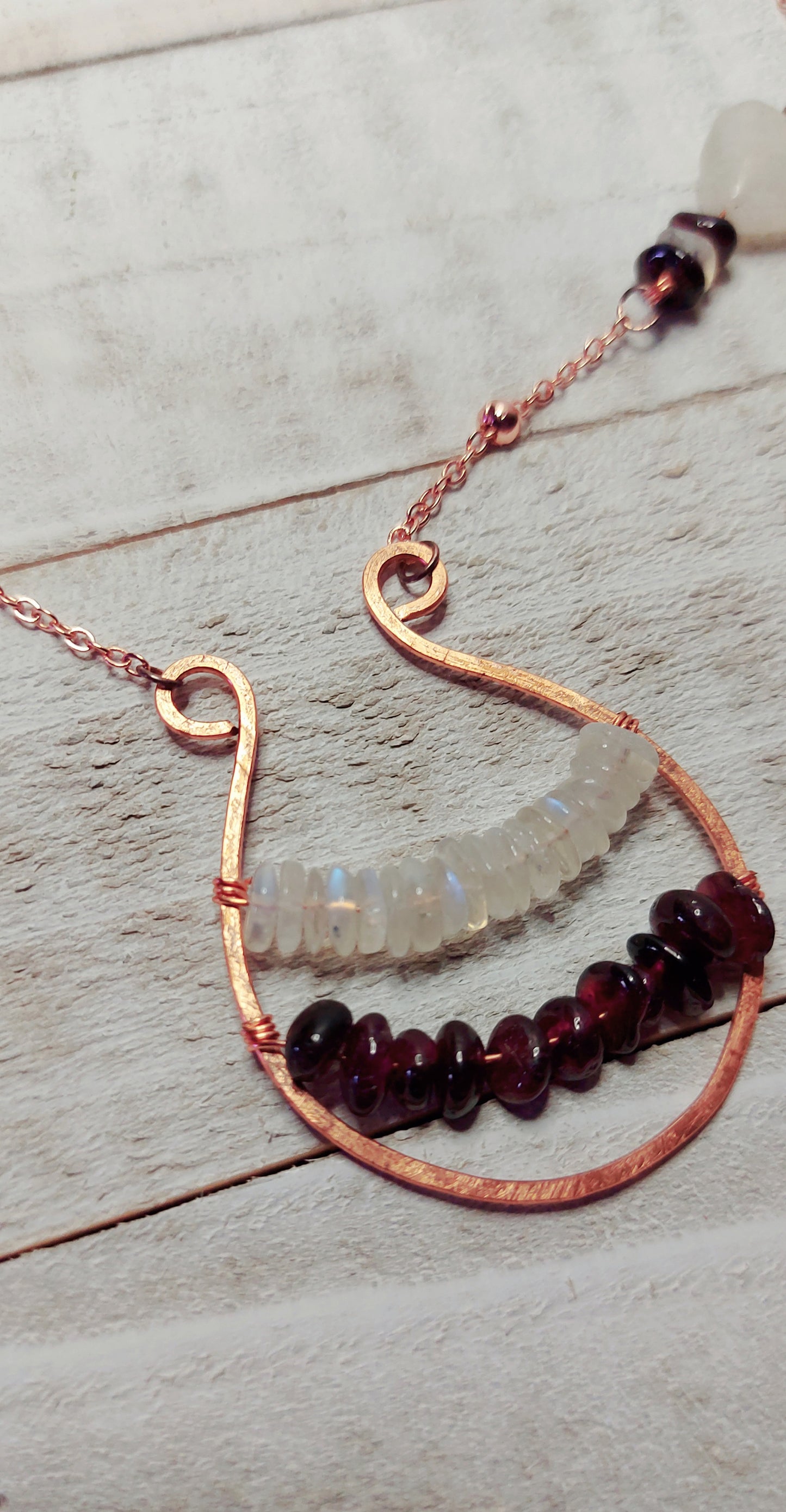 Rainbow Moonstone and Garnet Copper Necklace