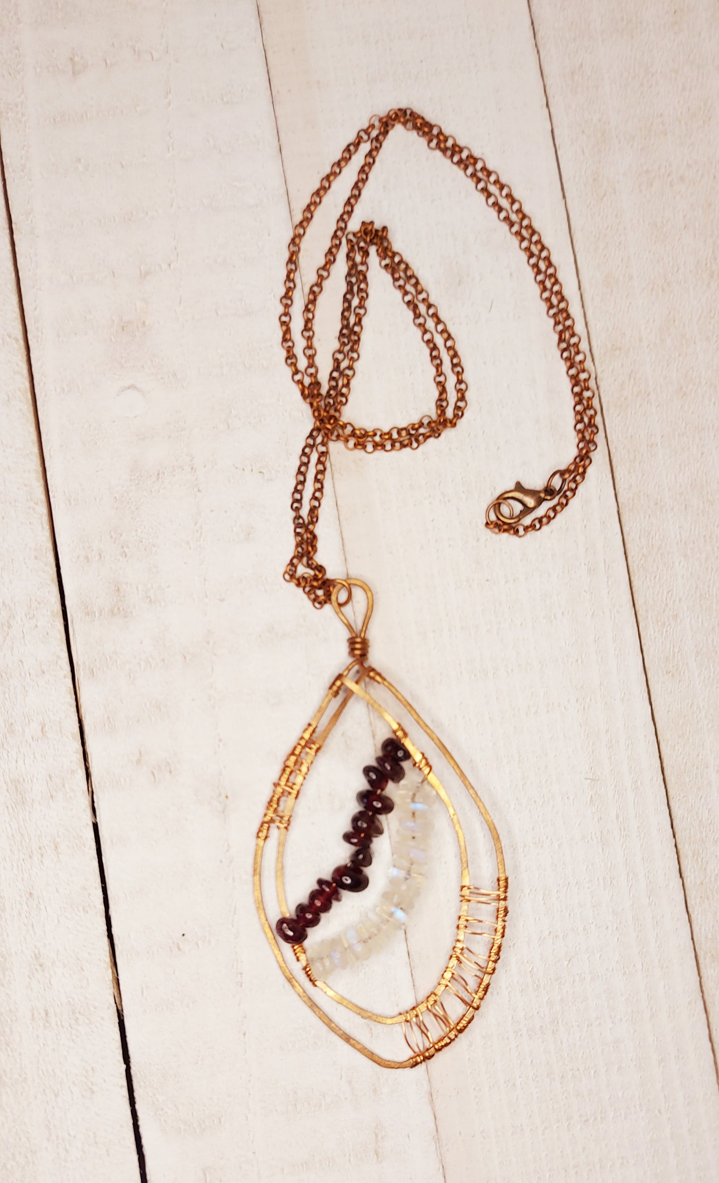 Rainbow Moonstone and Garnet Copper Necklace