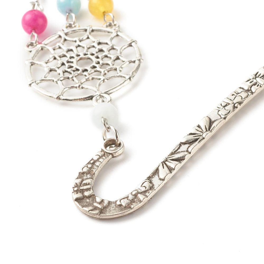 Tibetan Alloy Bookmark/Hairpin with Multi color dyed White Jade Beads