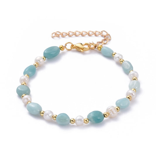 Amazonite Beads and Pearl Bracelet with Stainless Steel Lobster Clasp