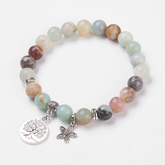 Flower Amazonite Beaded Stretch Bracelet with Tree of Life and Flower Charms