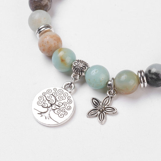 Flower Amazonite Beaded Stretch Bracelet with Tree of Life and Flower Charms