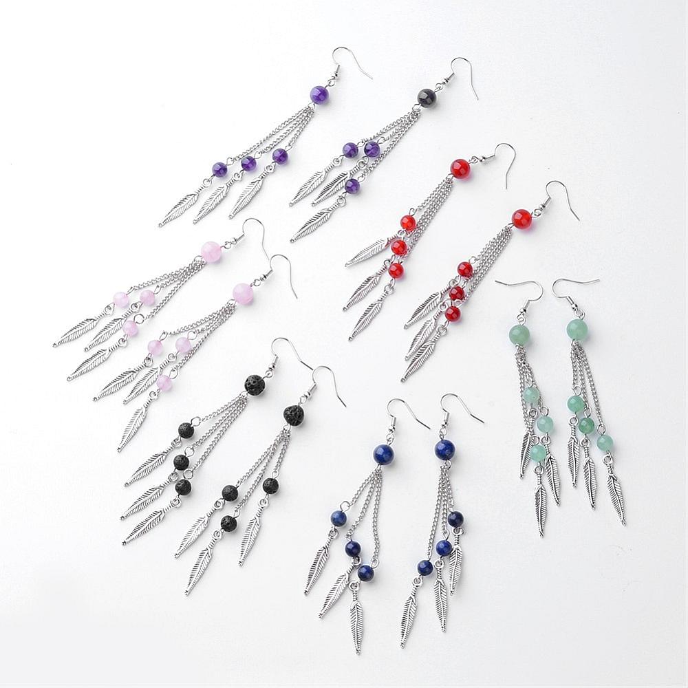 Feather Pendant Dangle Earrings with Semi Precious Gemstones and 925 Sterling Silver Ear hooks