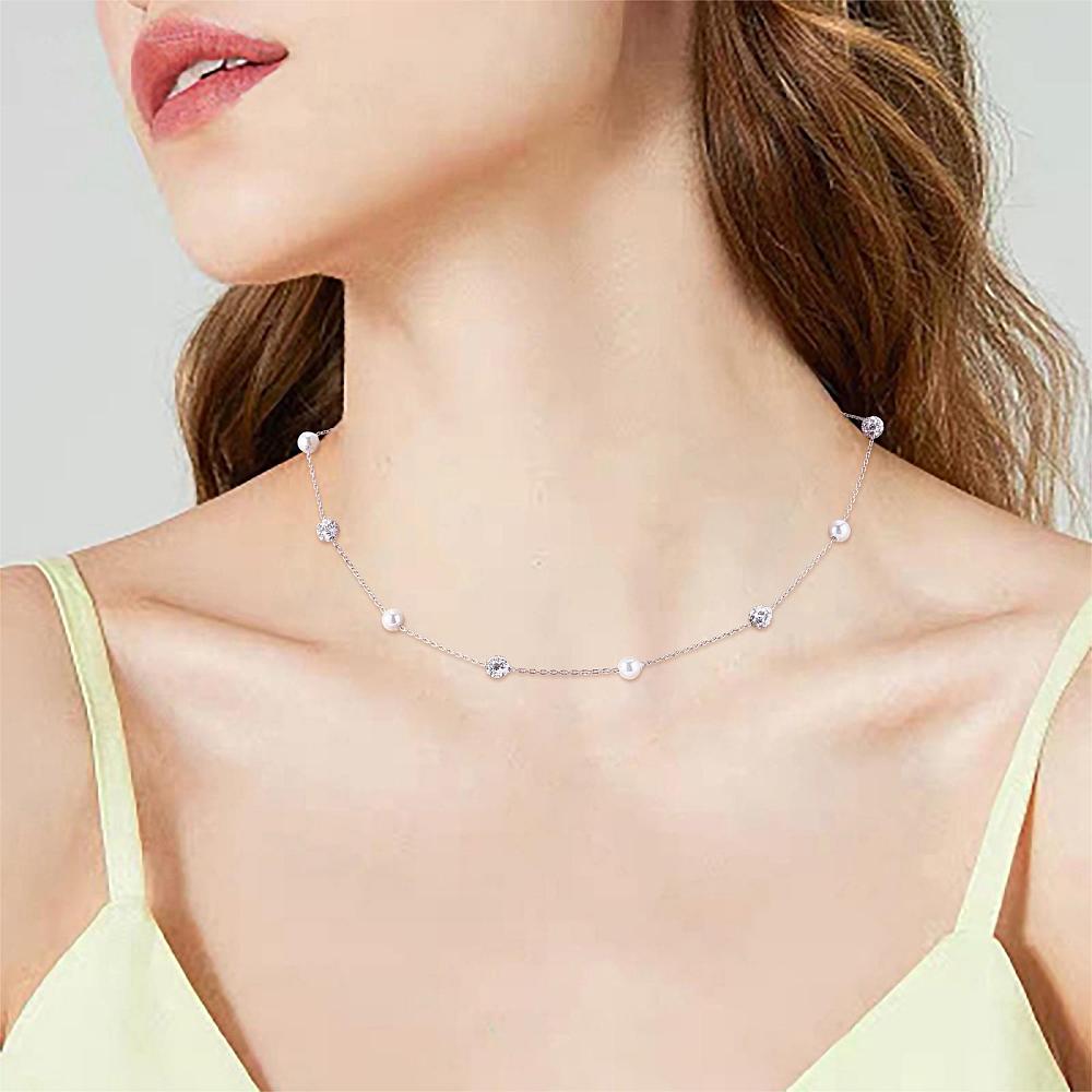 Pearl and Clear CZ Sterling Silver Choker Necklace