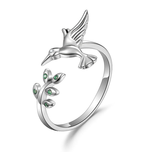 S925 Hummingbird Ring with Green CZ