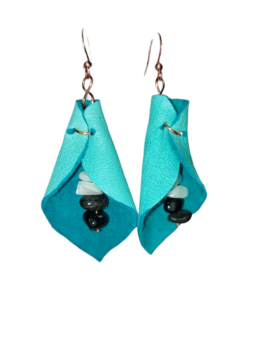 Petal shaped Deer/Moose Leather, Copper and Semiprecious Gemstones