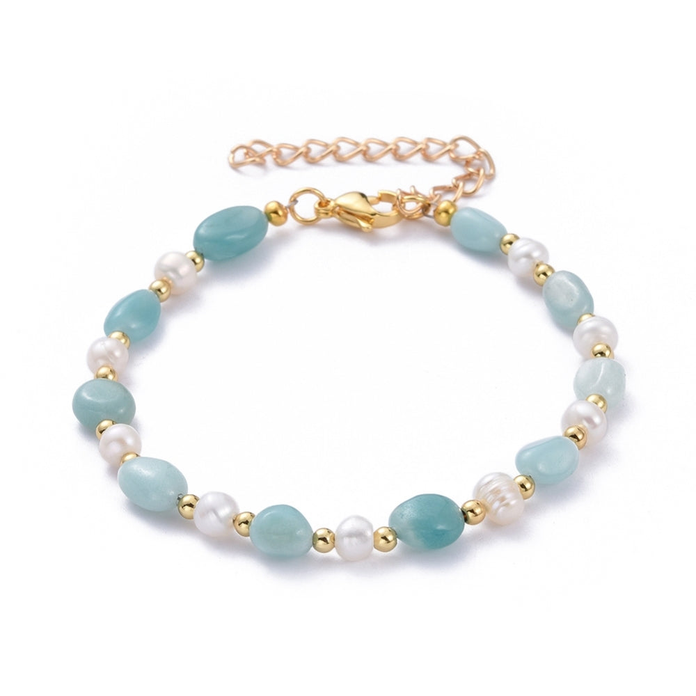 Amazonite Beads and Pearl Bracelet with Stainless Steel Lobster Clasp