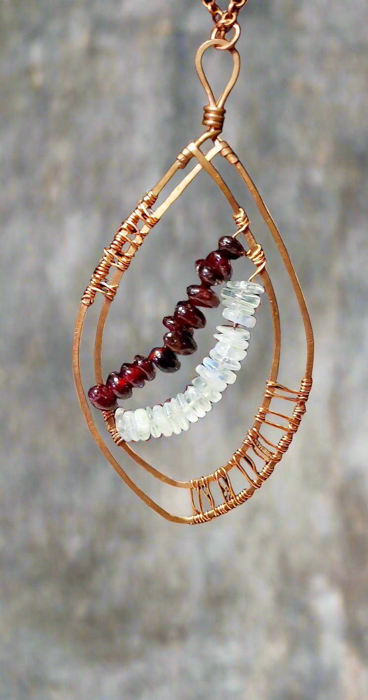 Rainbow Moonstone and Garnet Copper Necklace