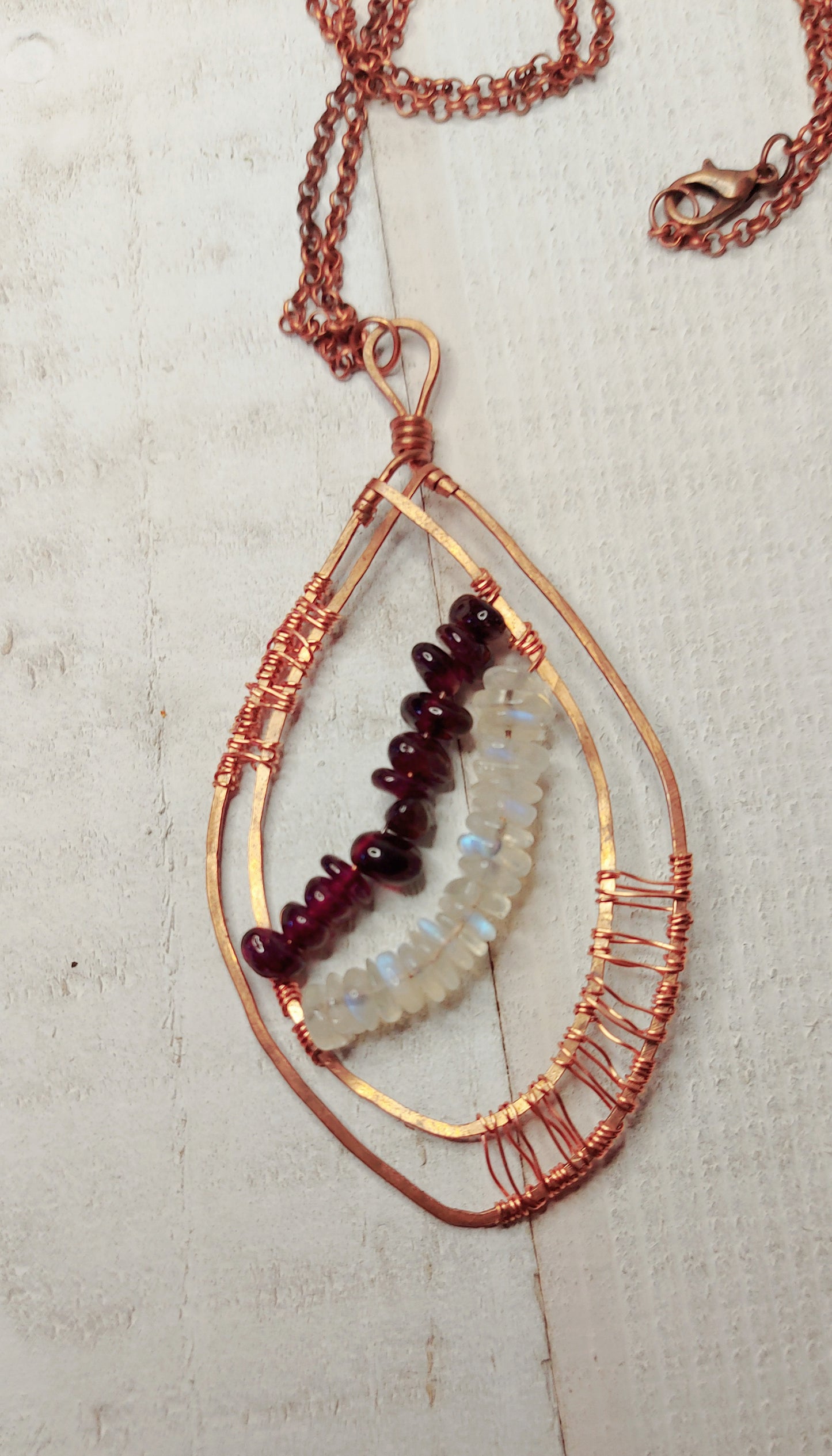 Rainbow Moonstone and Garnet Copper Necklace