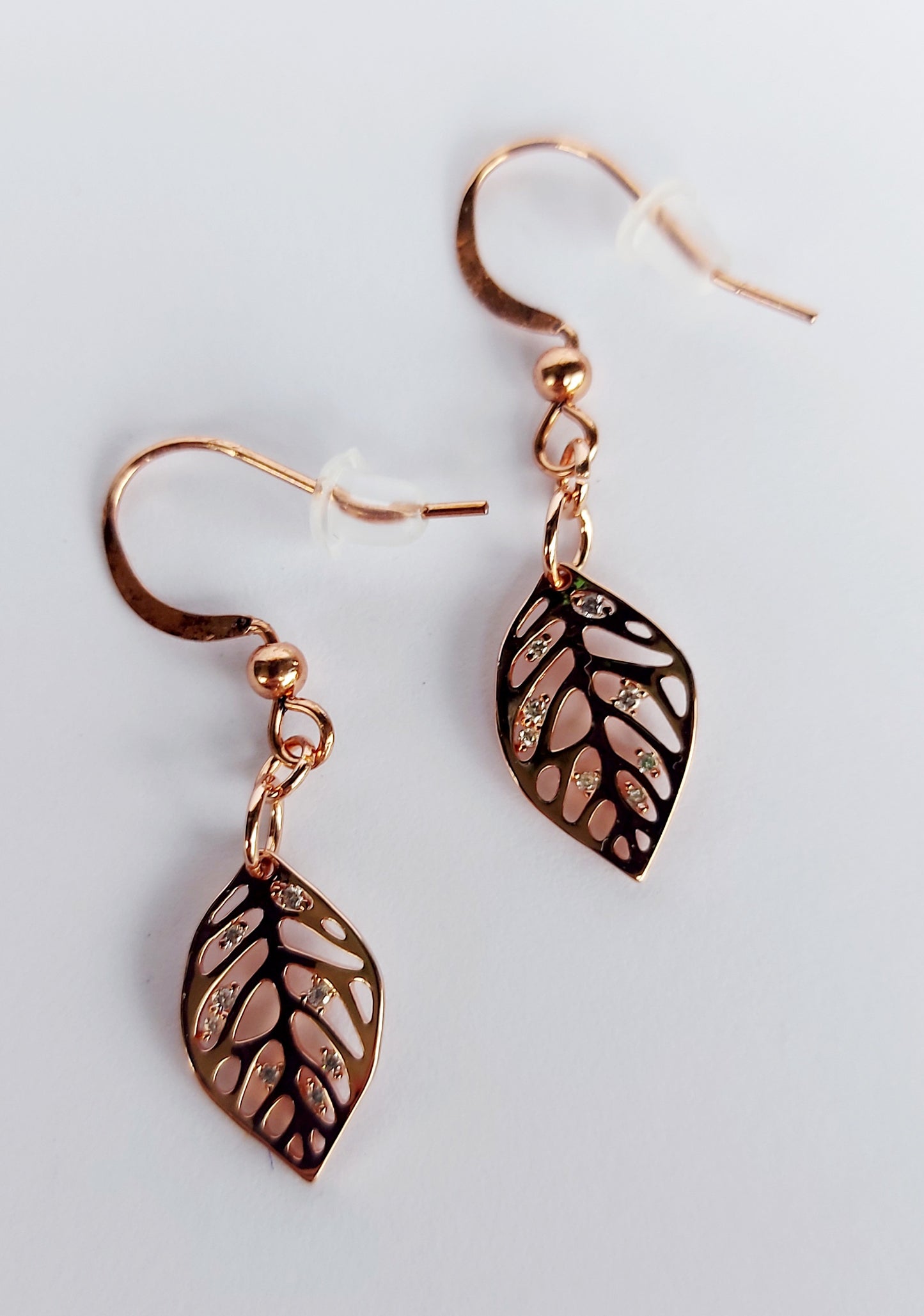 Copper Leaf Earrings with Rhinestone Inserts