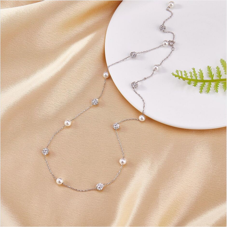 Pearl and Clear CZ Sterling Silver Choker Necklace