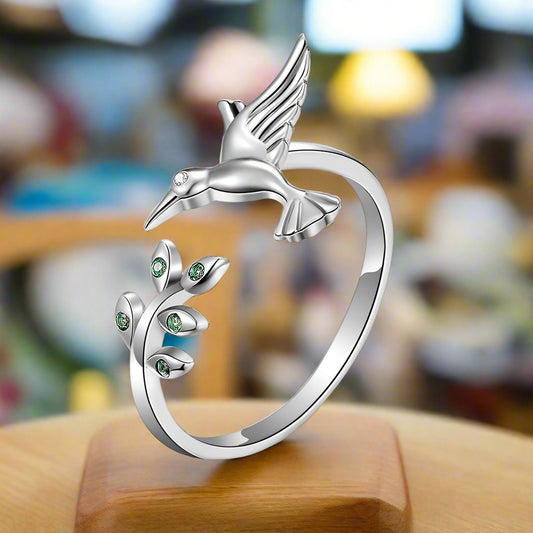 S925 Hummingbird Ring with Green CZ