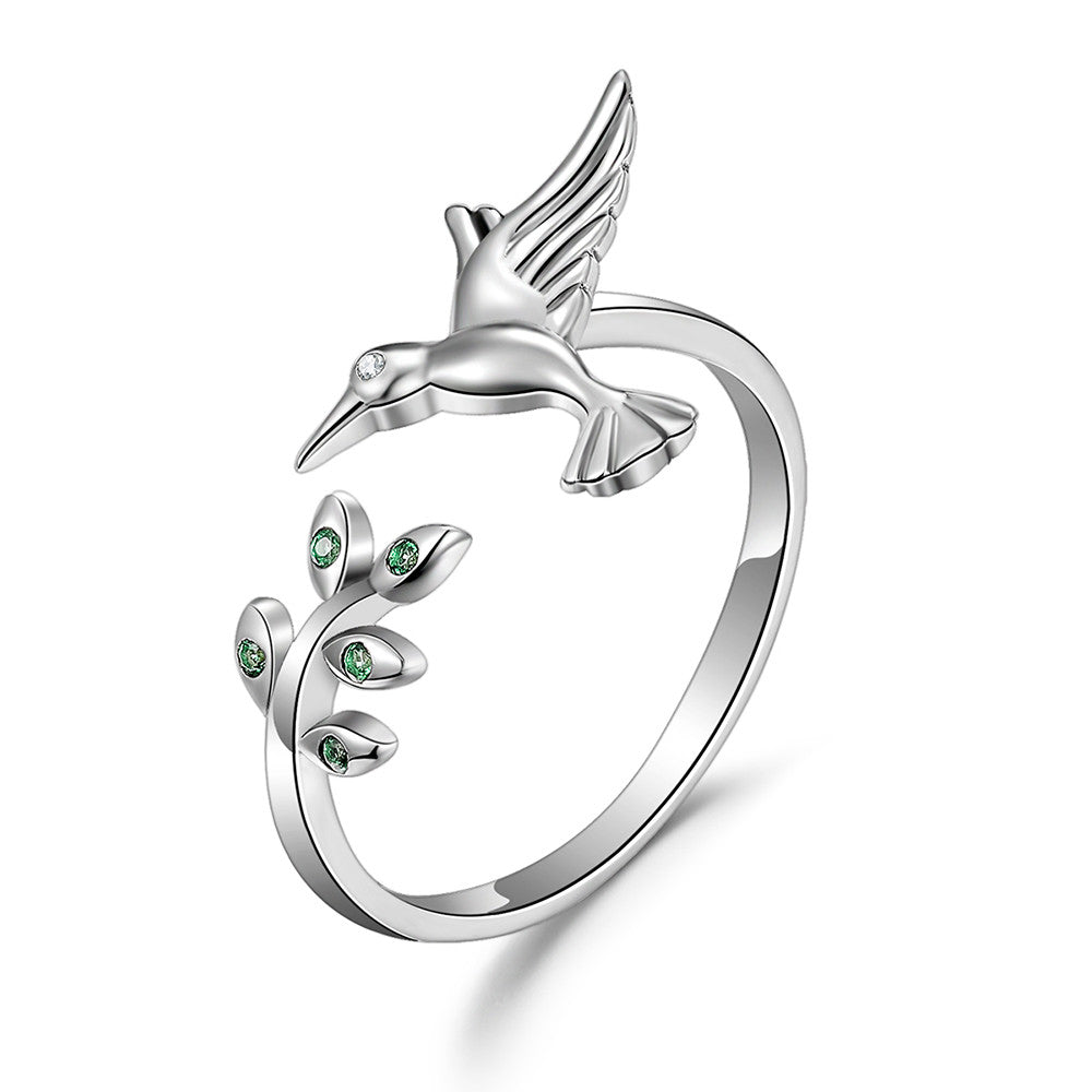 S925 Hummingbird Ring with Green CZ