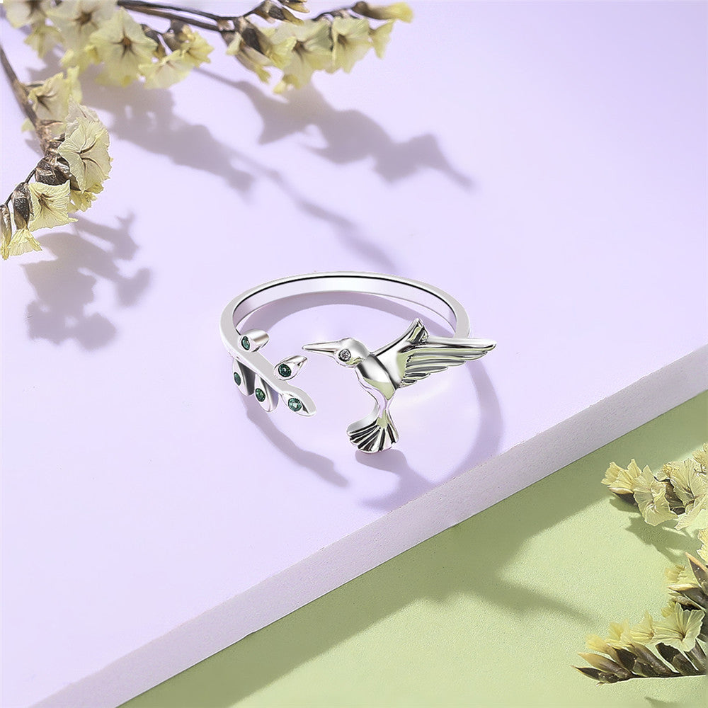 S925 Hummingbird Ring with Green CZ