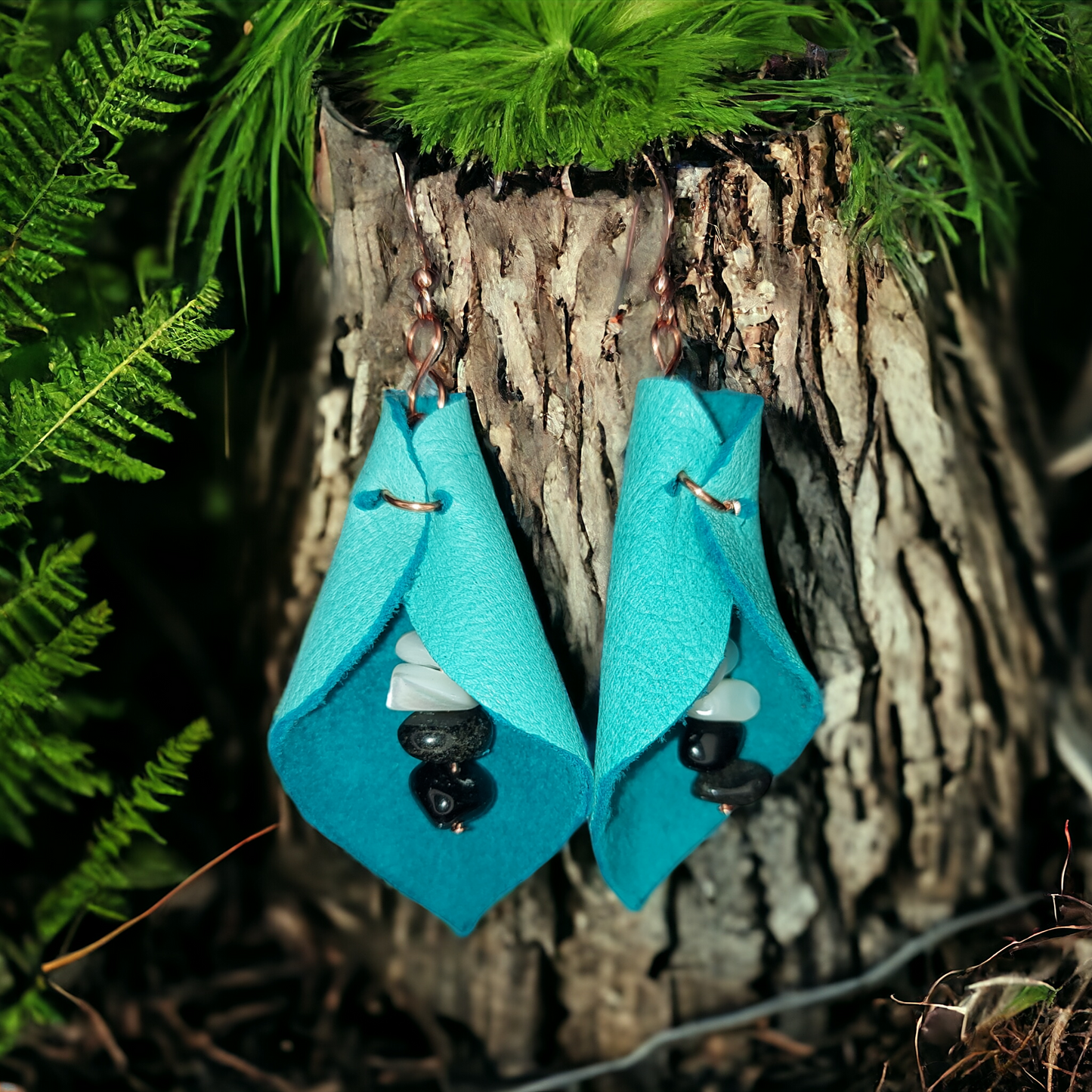 Petal shaped Deer/Moose Leather, Copper and Semiprecious Gemstones