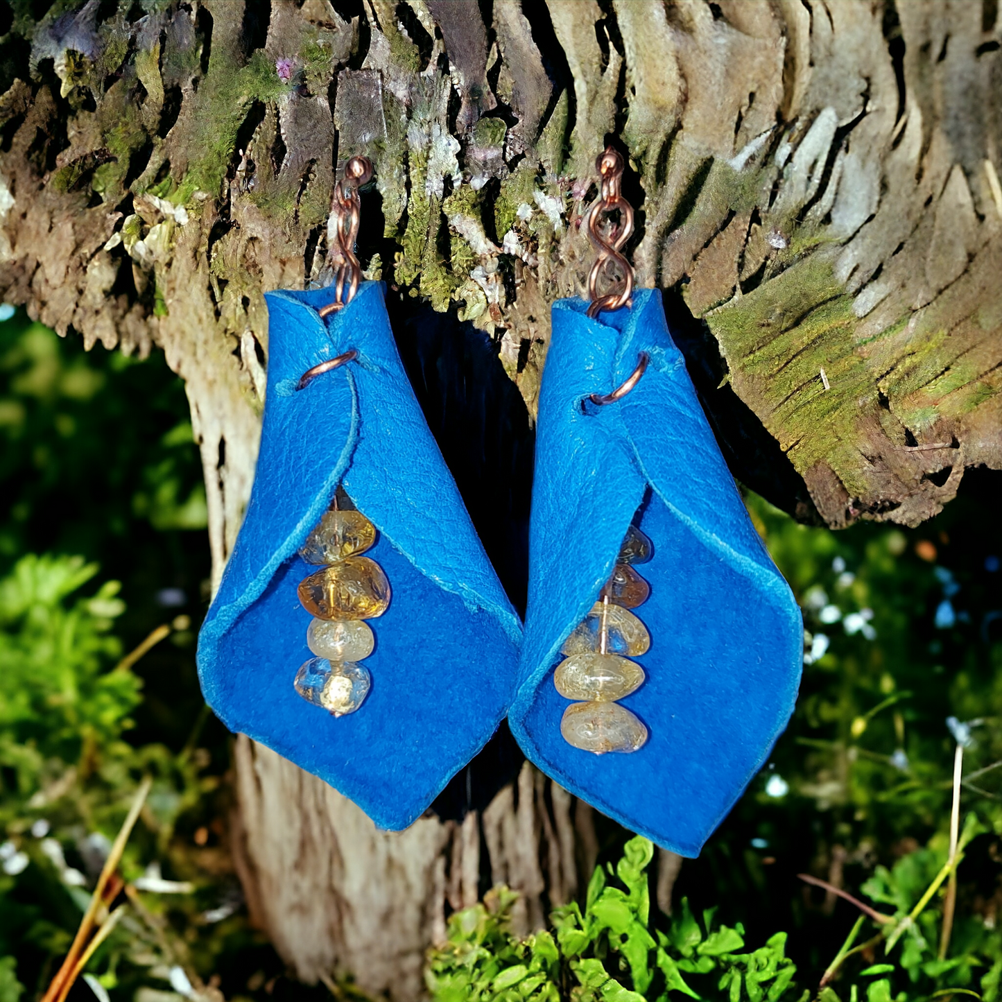 Petal shaped Deer/Moose Leather, Copper and Semiprecious Gemstones