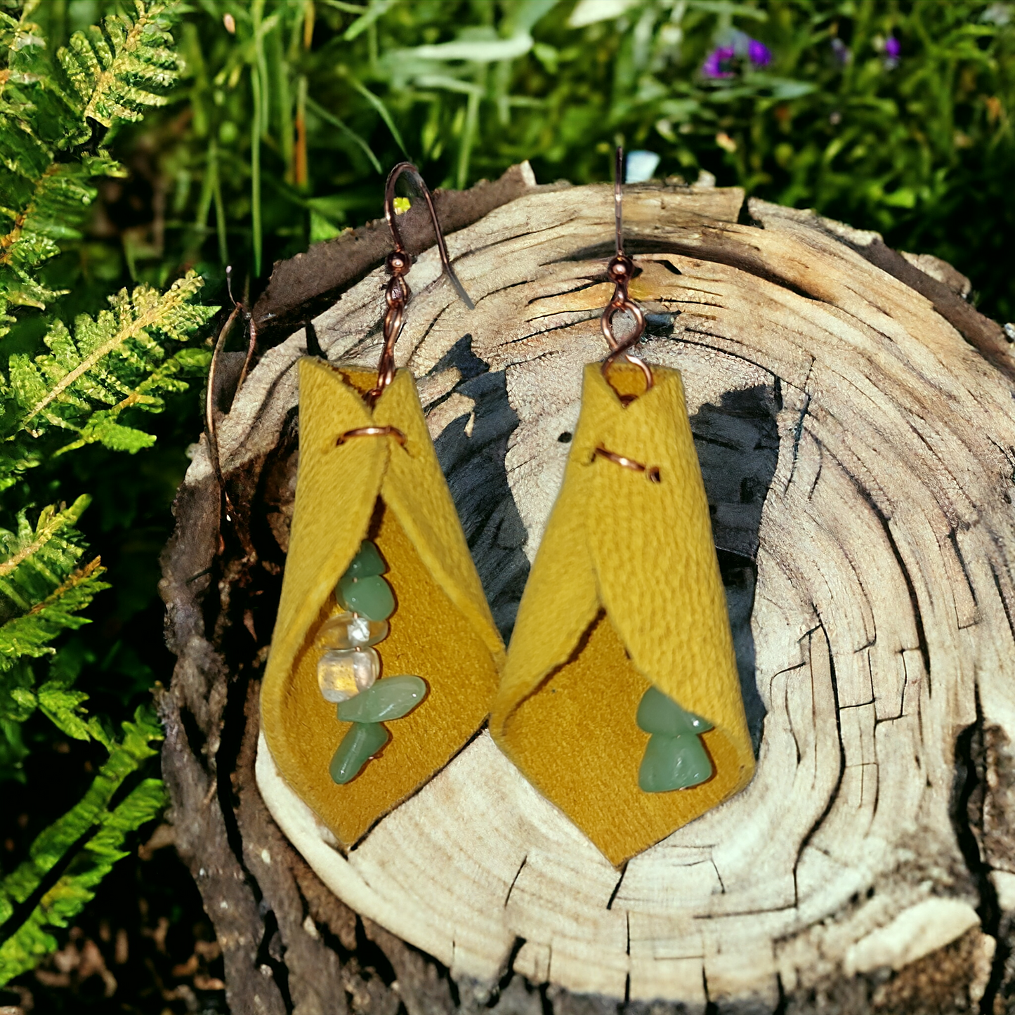 Petal shaped Deer/Moose Leather, Copper and Semiprecious Gemstones