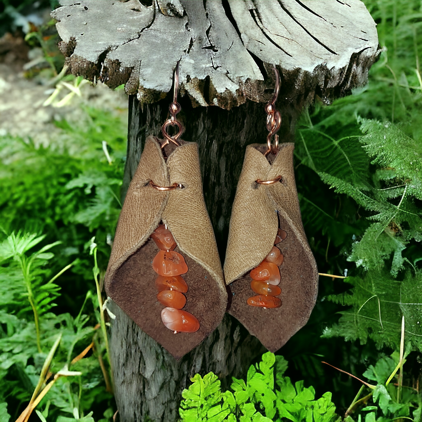 Petal shaped Deer/Moose Leather, Copper and Semiprecious Gemstones
