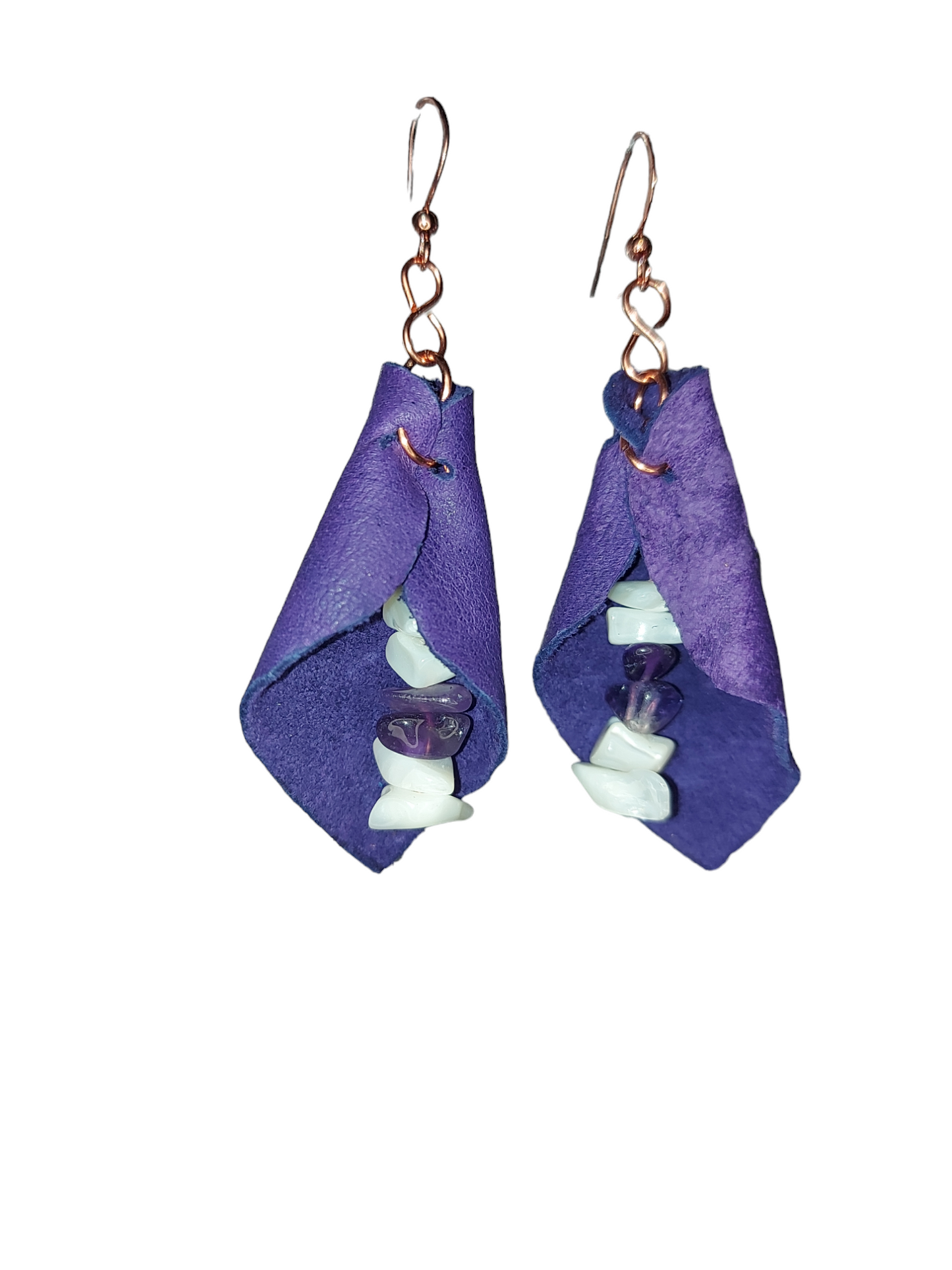 Petal shaped Deer/Moose Leather, Copper and Semiprecious Gemstones