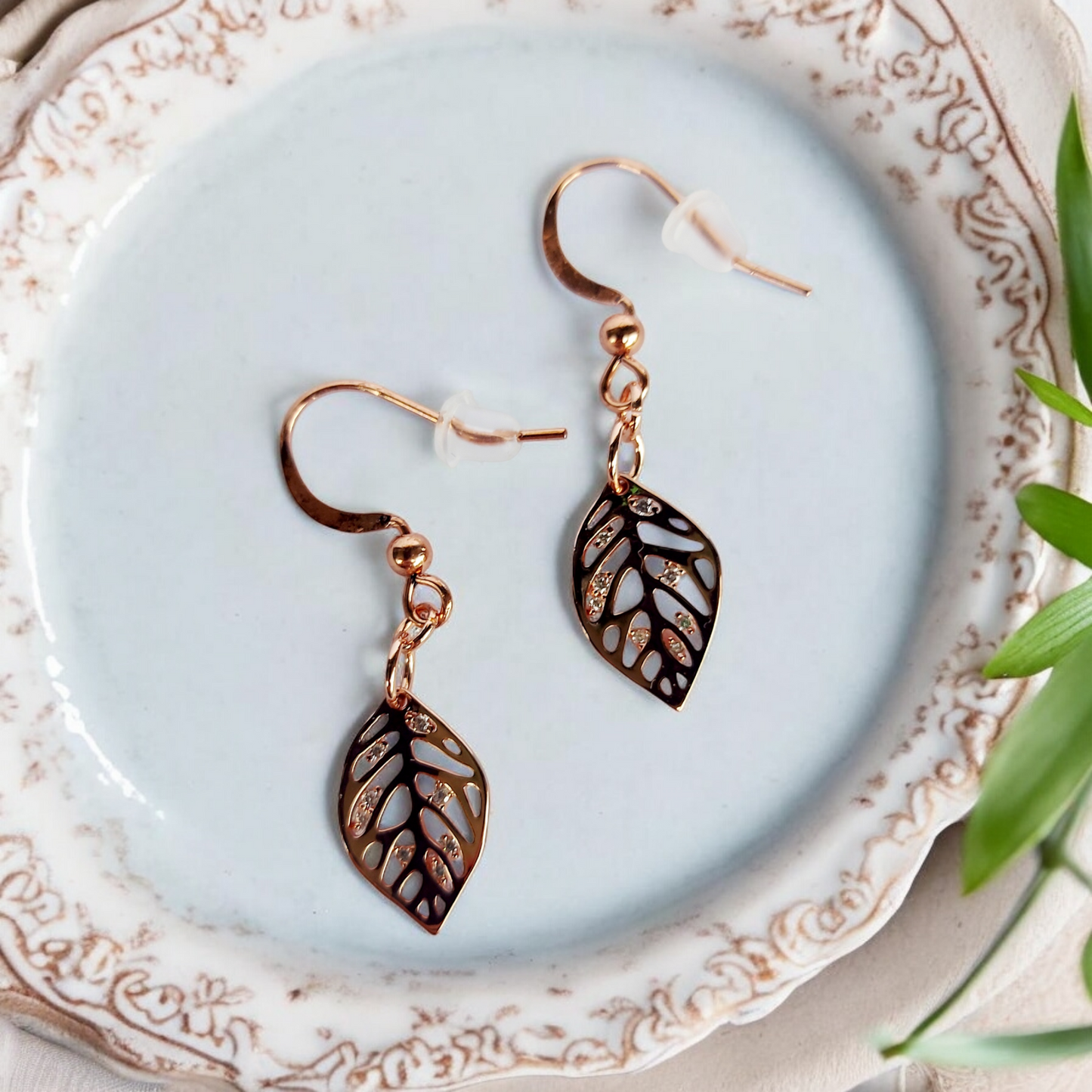 Copper Leaf Earrings with Rhinestone Inserts